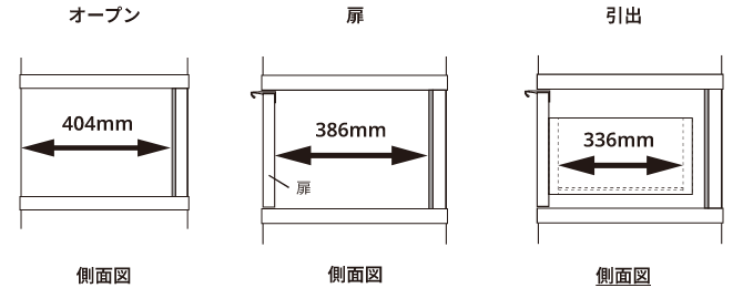 奥行き45cm/バックパネルあり/オープン・扉・引出/側面図