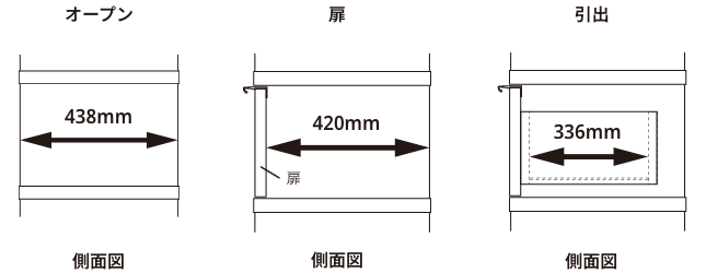 奥行き45cm/バックパネルなし/オープン・扉・引出/側面図