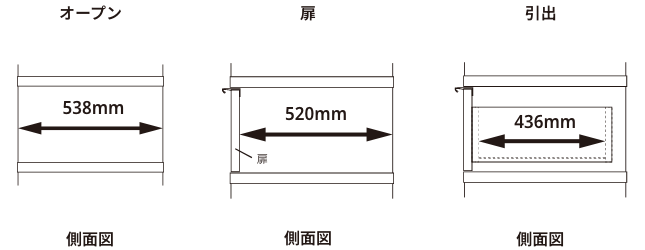奥行き55cm/バックパネルなし/オープン・扉・引出/側面図