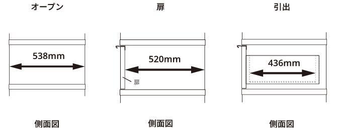 奥行き55cm/バックパネルなし/オープン・扉・引出/側面図
