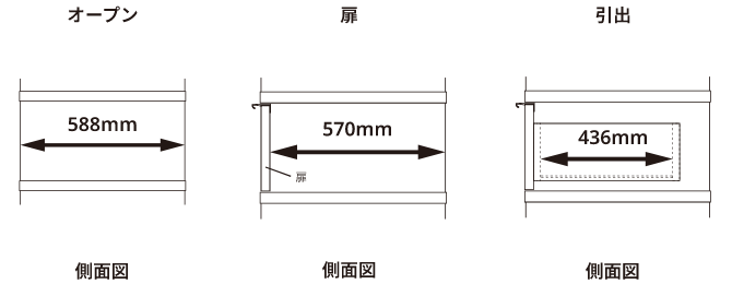 奥行き60cm/バックパネルなし/オープン・扉・引出/側面図