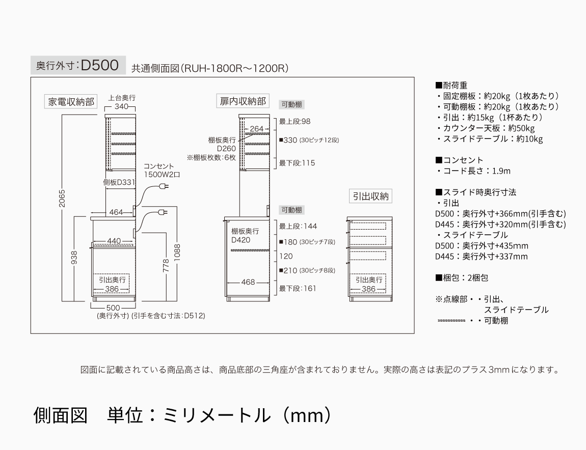 RU 食器棚 高さ206.8cm 下台引出タイプ