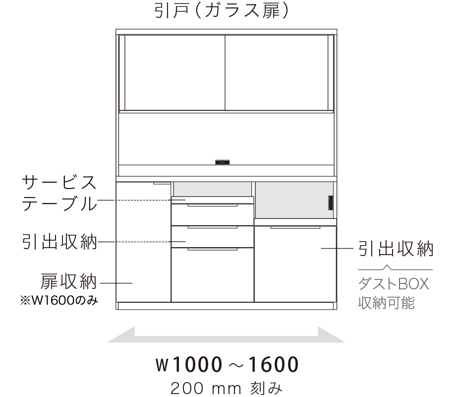 ID 食器棚 引戸（ガラス扉） 下台引出収納タイプ