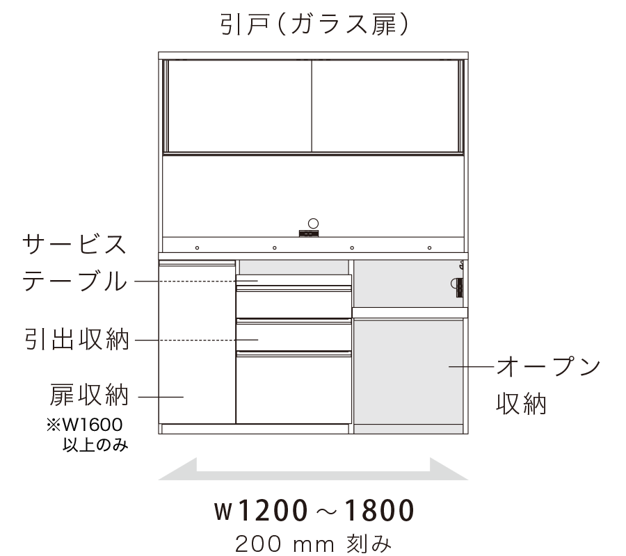 JN 食器棚 引戸（ガラス扉） 下台オープンタイプ