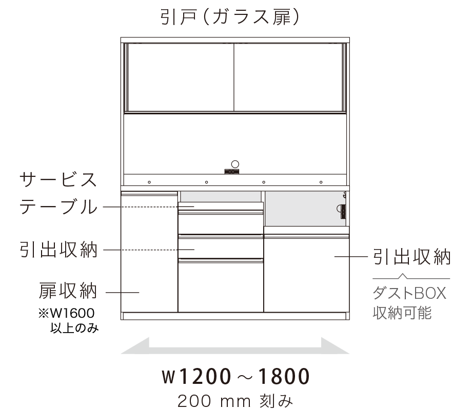 JN 食器棚 引戸（ガラス扉） 下台引出収納タイプ