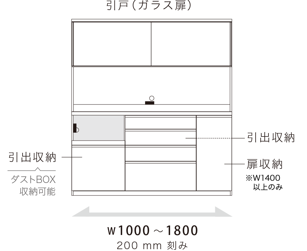 YS 食器棚 引戸（ガラス扉） 下台引出収納タイプ