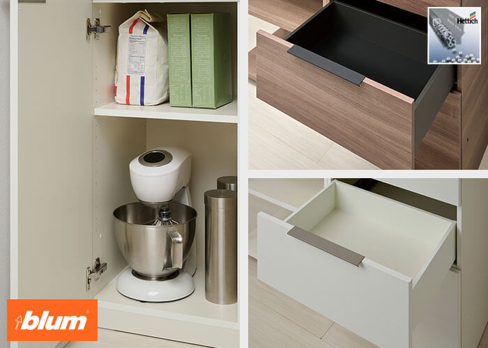 LC キッチンカウンター：扉にはブルム丁番、引出にはドイツ・ヘティヒ社のサイレントレールを使用