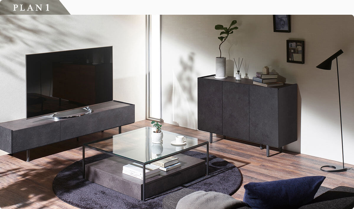 WV テレビボード、IR リビングテーブル、CE チェスト：セラミック柄のコーディネート