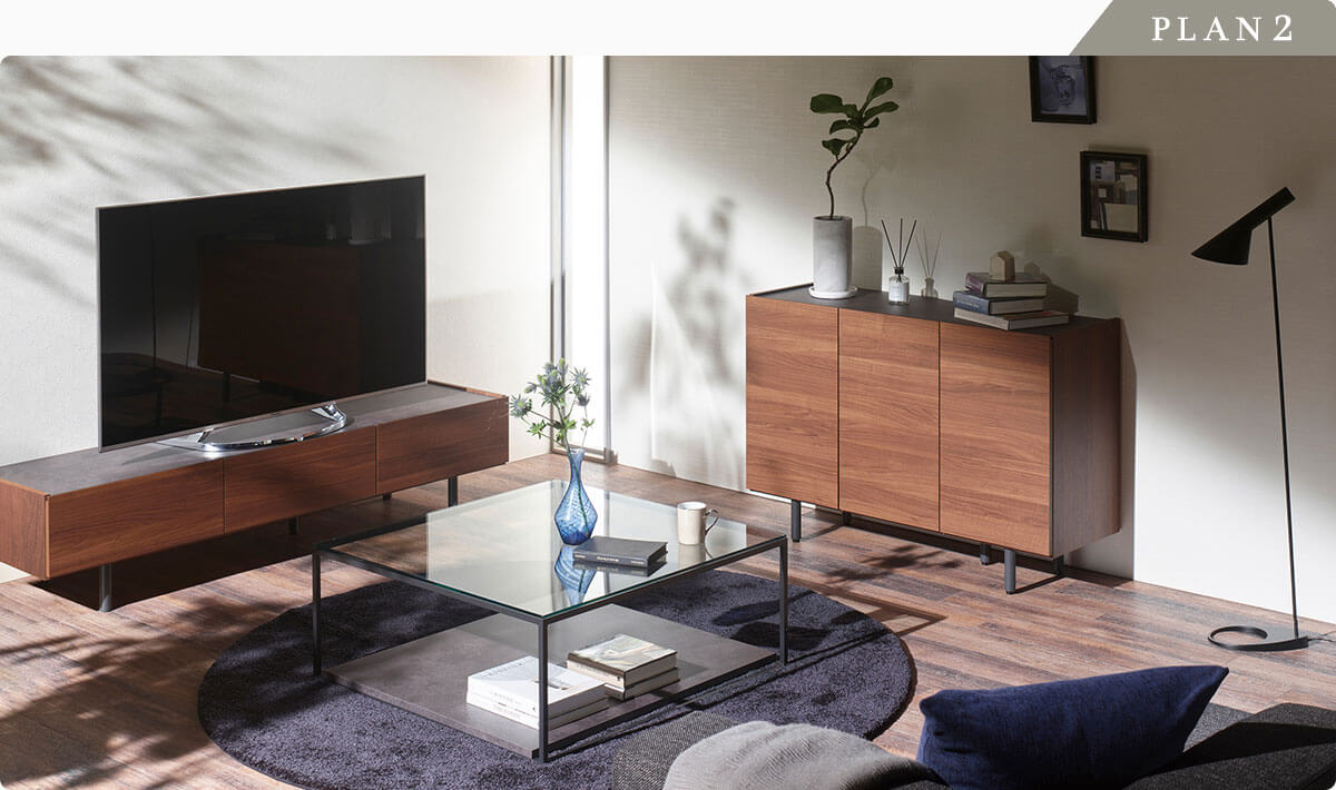 WV テレビボード、IR リビングテーブル、CE チェスト：ウォールナット×セラミック柄のコーディネート