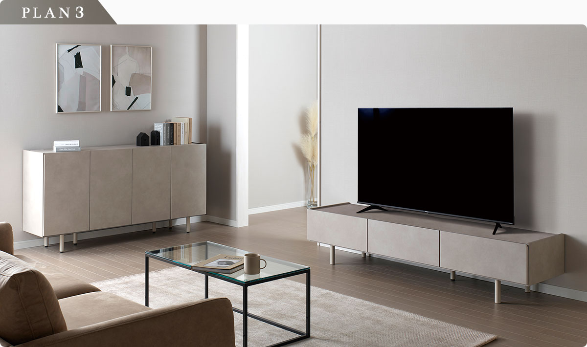 WV テレビボード、IR リビングテーブル、CE チェスト：くすみカラーの北欧風コーディネート