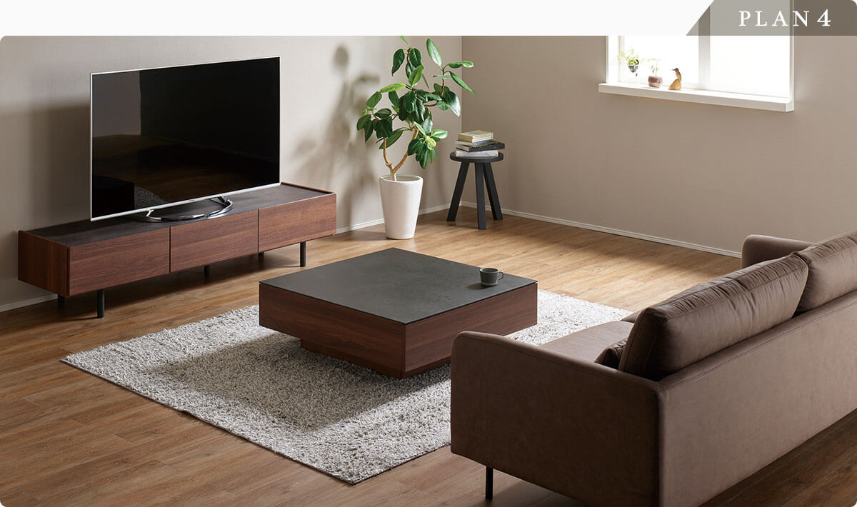 WV テレビボード、CR センターテーブル、CY ソファ：異素材MIXのコーディネート