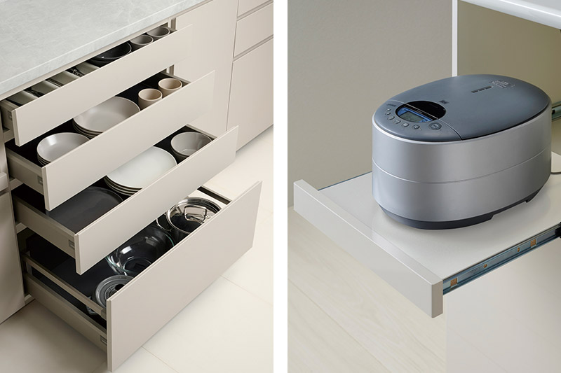 フルスライドの引出収納/スライドテーブル付き家電収納