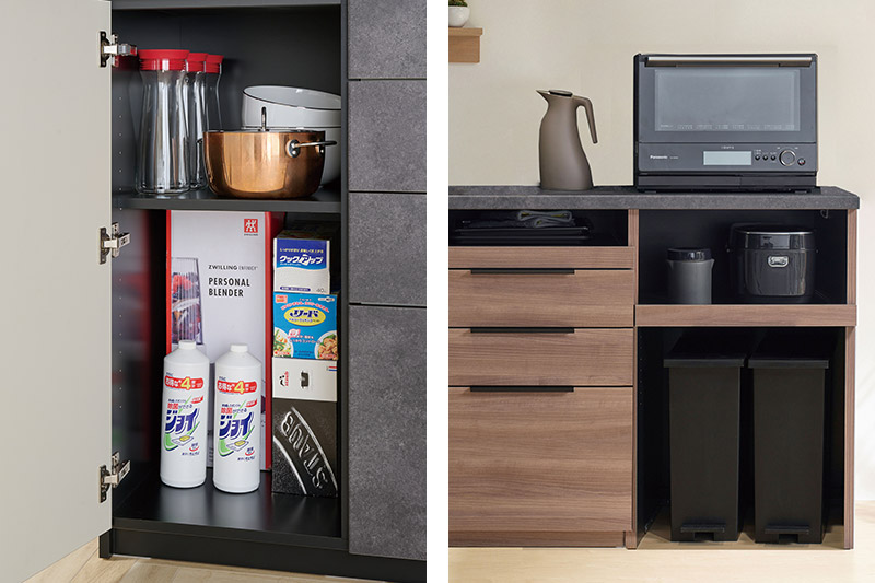 縦長の扉付き収納/ゴミ箱を格納できるオープンスペース