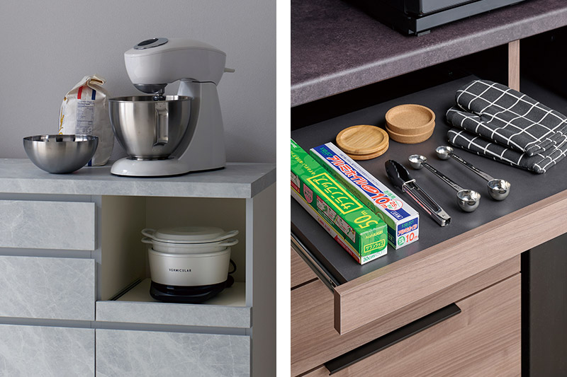 作業台としても使えるカウンタータイプのキッチン収納