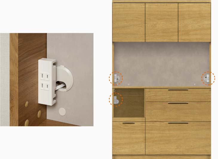 左右に二口コンセントが常設されたNW食器棚シリーズ