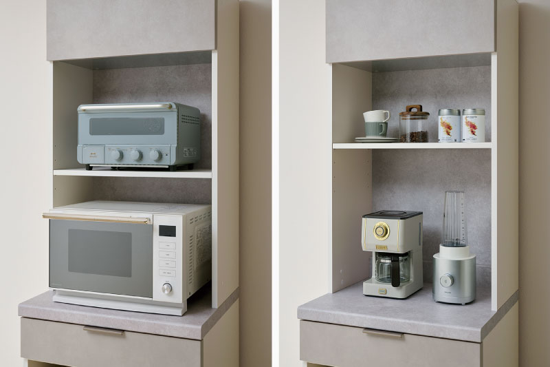 可動棚を利用して、家電タワーを上下で使い分け