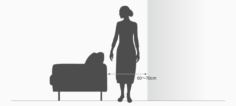 通路として、ソファから壁の間に60～70cm程度のスペースを確保すると動線がスムーズ